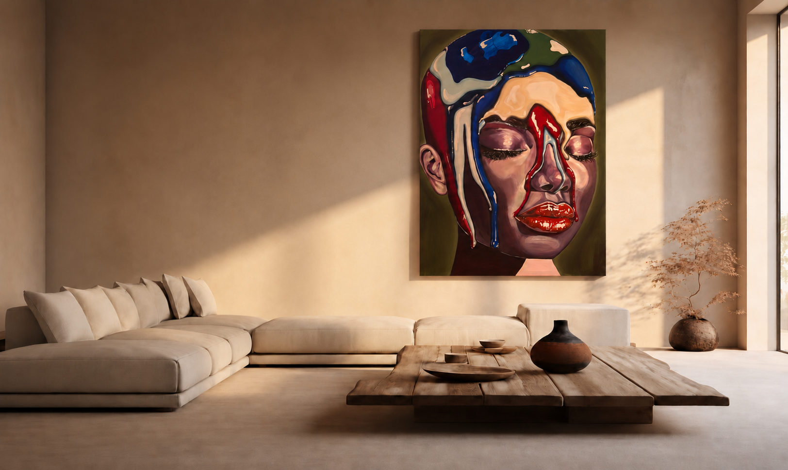 Artwork by O. Saumell in a warm-toned living room, lit by natural light